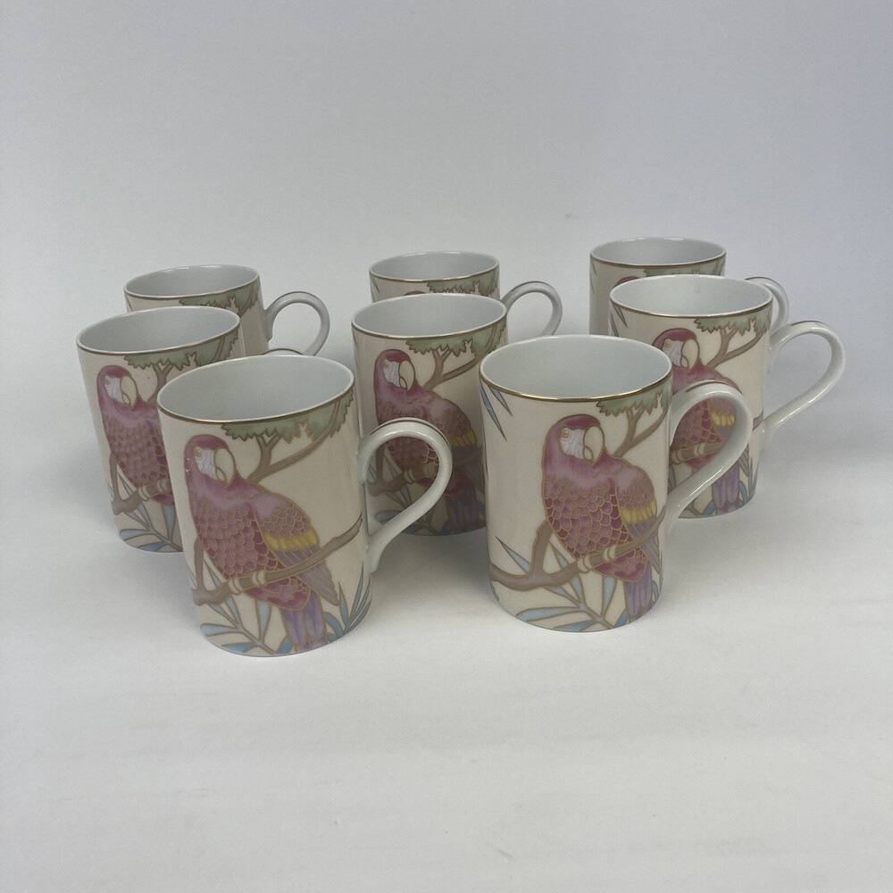 VTG Set 8 Fitz Floyd Parrot Bird Coffee Mugs Tea Cups Porcelain Jungle Perroquet